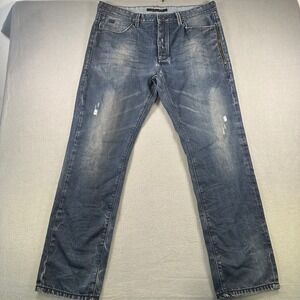 Sean John Mens 40 Straight Leg Jeans Blue Medium Wash Distressed Button Fly Zip